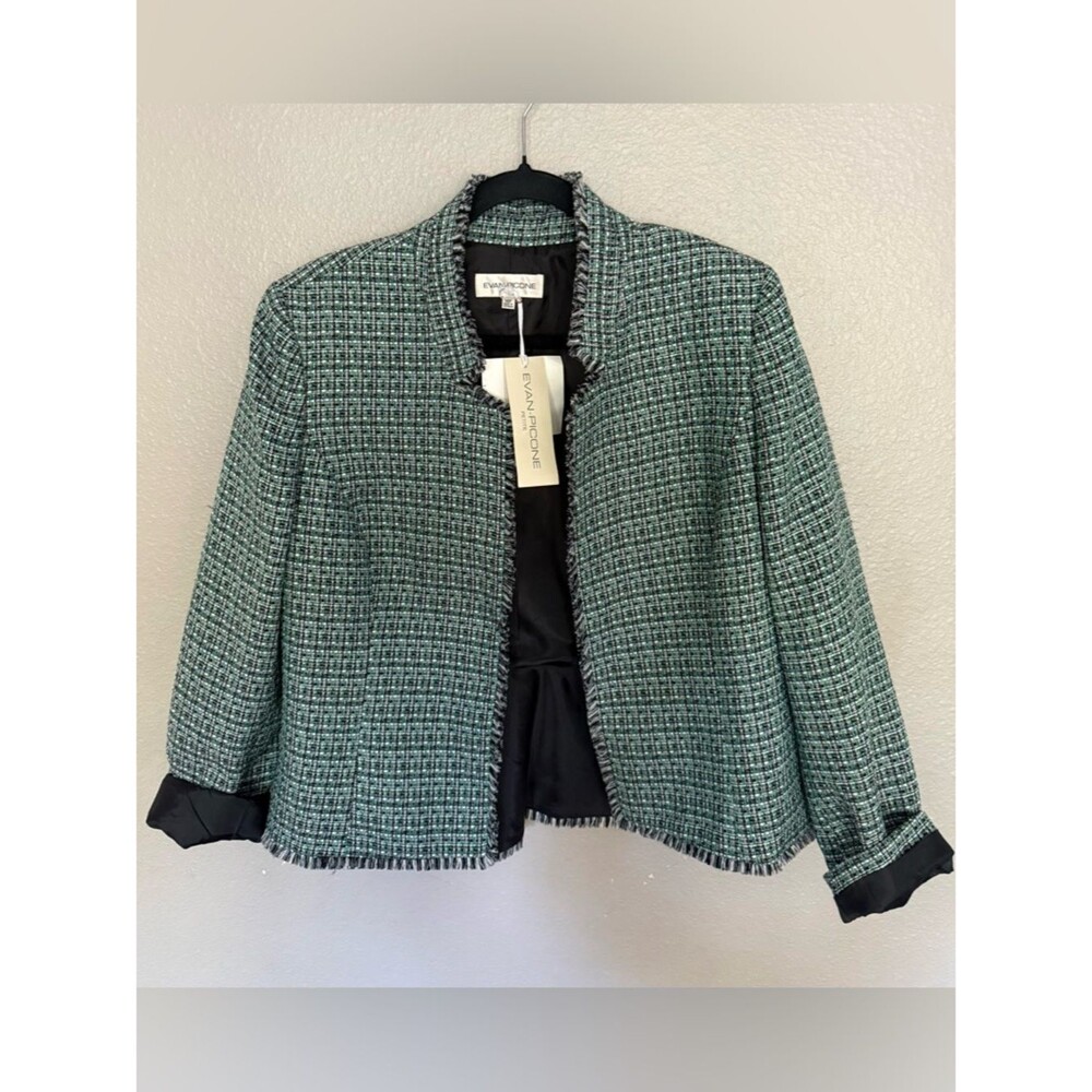 NWT Evan-Picone Petite Green Tweed Fringe Blazer Jacket 14P